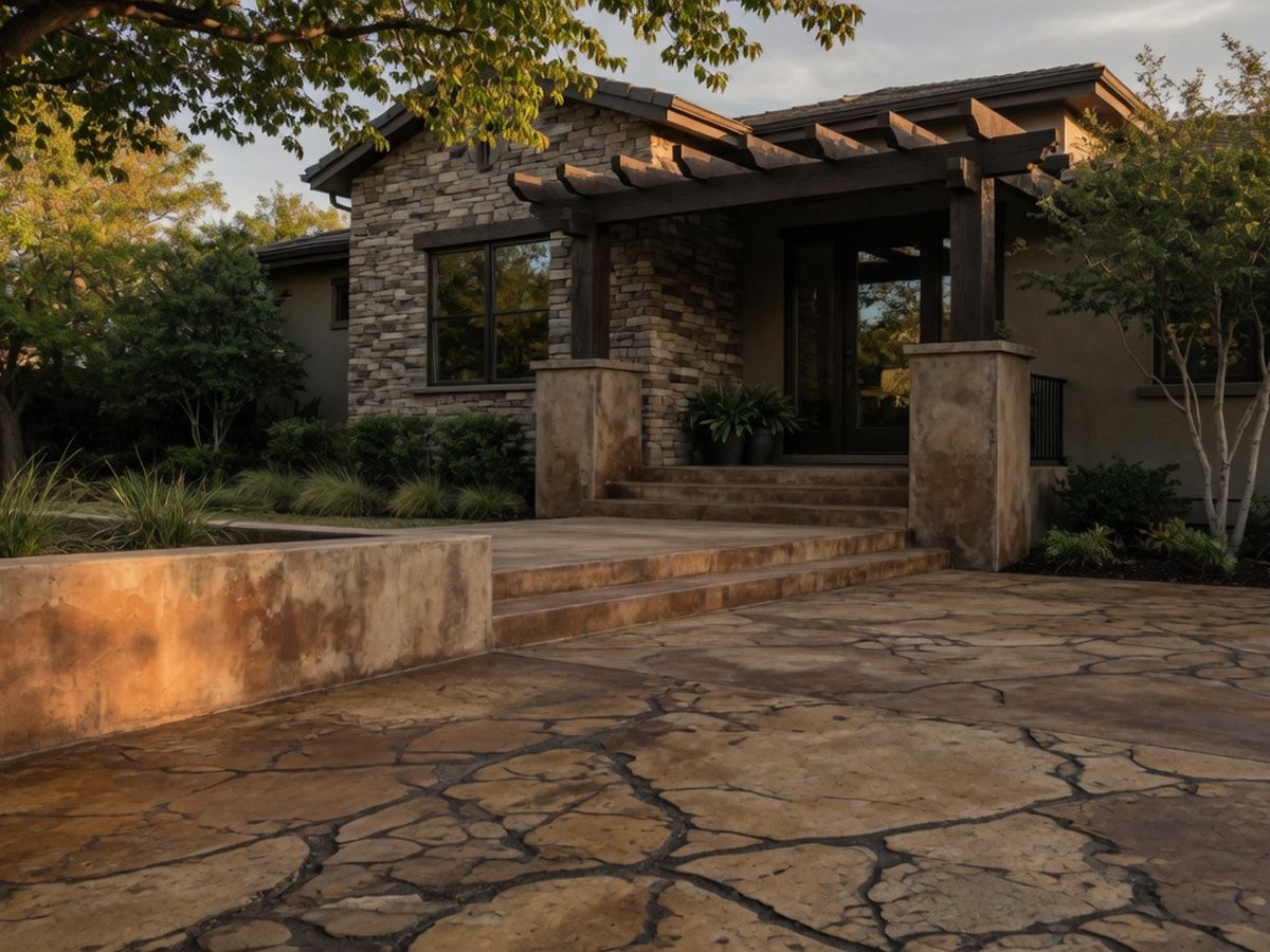 Stamped and stained architectural concrete entry patio at golden hour in the Brazos Valley