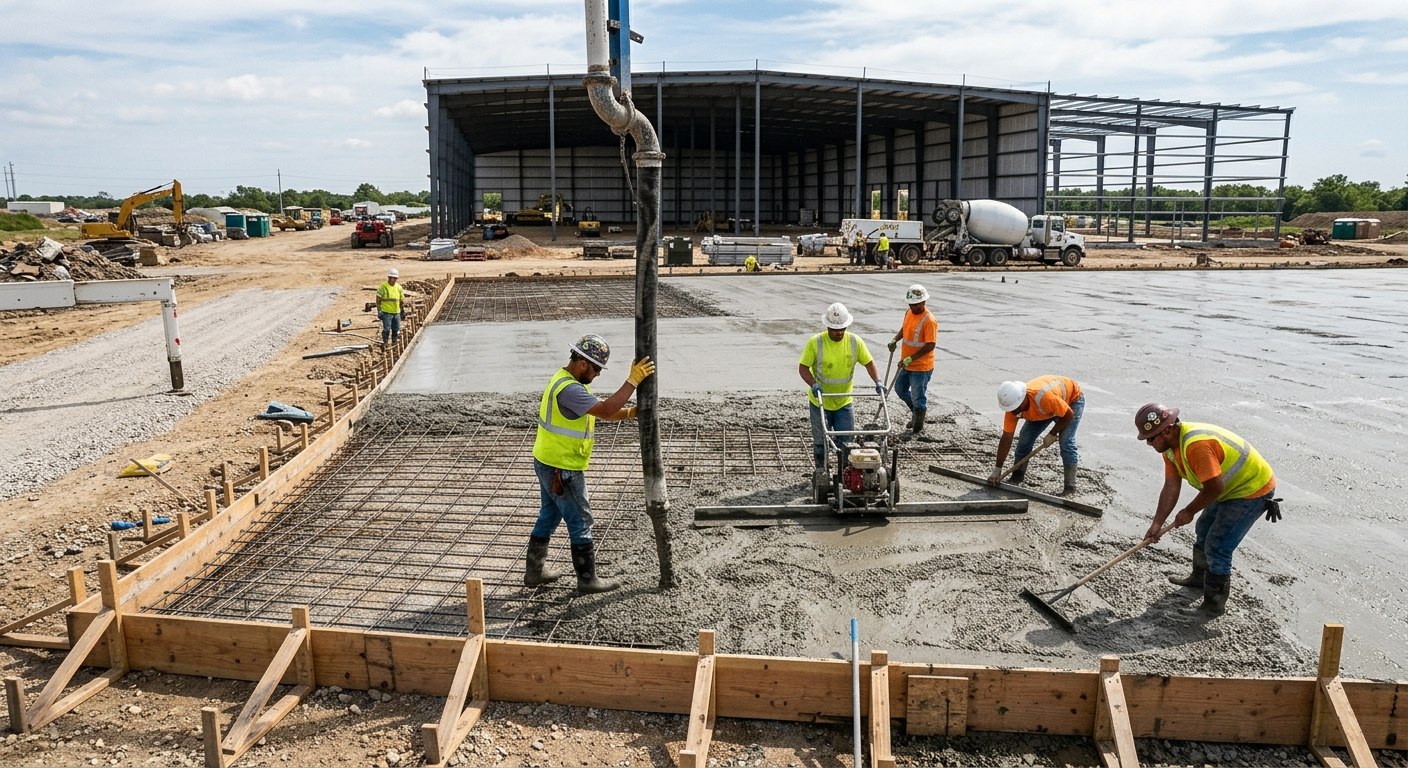 Crew placing and screeding a large commercial slab pour in Bryan, Texas